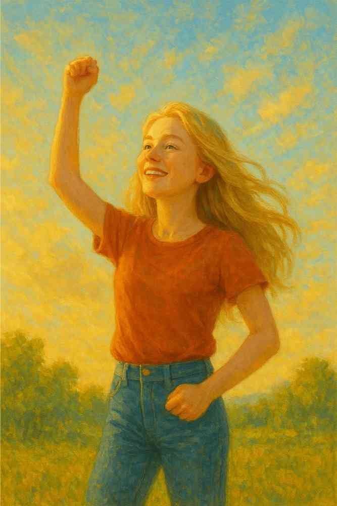 Jeune fille souriante levant le bras vers le ciel, baignée par une lumière dorée.