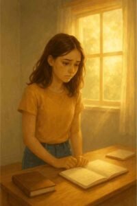 Jeune fille pensive appuyée sur un bureau, observant un cahier ouvert devant une fenêtre lumineuse.