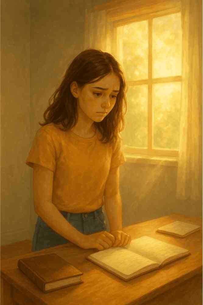 Jeune fille pensive appuyée sur un bureau, observant un cahier ouvert devant une fenêtre lumineuse.