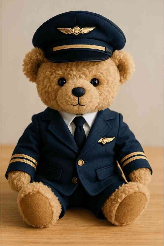 Peluche en uniforme de pilote d’avion, assise sur une table.